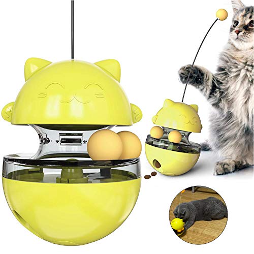 Apofly Dispensador de Comida para Gatos, Gato Perro Vaso Juguete Interactivo Creativo Comedero Lento para Mascotas con Dos Bolas Rodantes Varita Desmontable para Mascota Gatito Amarillo