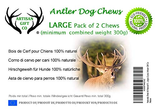 ARTISAN GIFT CO Mordedor Ecológico para Perros de Asta de Ciervo 100% Natural – Tamaño L/Peso 150 gr.+ / 1 und.