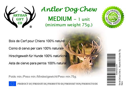 ARTISAN GIFT CO Mordedor Ecológico para Perros de Asta de Ciervo 100% Natural – Tamaño M (1 Unidad) +75 gr.