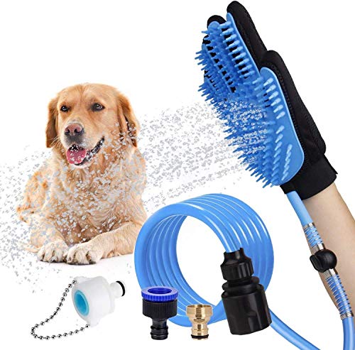 ASEOK 2018 Guantes automáticos para el baño de aspersión de Agua, Ducha en Spray para Perros Guante de baño con 4 adaptadores de Grifo para Uso en Exteriores