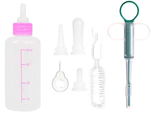 ASFINS GLOBALDREAM Biberones para Animales, 60ML Biberón para Cachorros Biberon Gatitos con 4 Piezas Pezones de Repuesto, 1 Pieza Cepillo y 1 Pieza Jeringas para Mascotas (Rosado)