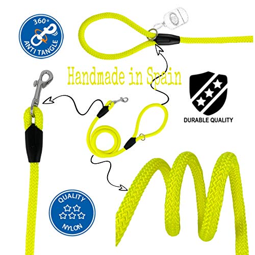 AVANZONA Correa para Perros Color Flúor Nylon Redonda, Resistente Cómodo Antitirones, Hecha a Mano en la UE, Correa de Adiestramiento para Perros Pequeños, Medianos y Grandes 1,2 * 120cm (Amarillo)