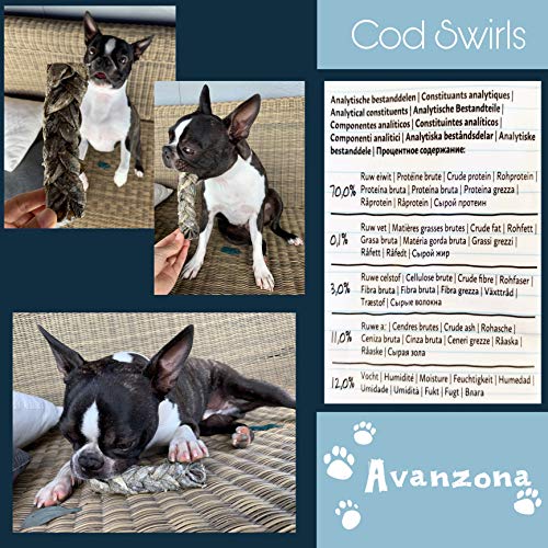 AVANZONA Golosinas para Perros, Snacks para Perros Naturales, Trenzas de Bacalao a Larga duración, 100% Pescado Piel de Bacalao seco Fuente de Omega -3 para Perros pequeños, medianos y Grandes. 200 G