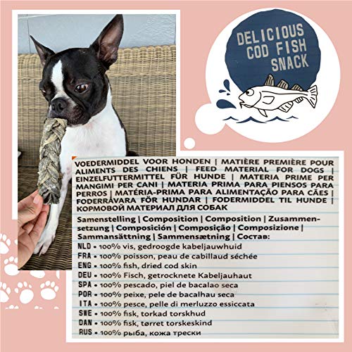 AVANZONA Golosinas para Perros, Snacks para Perros Naturales, Trenzas de Bacalao a Larga duración, 100% Pescado Piel de Bacalao seco Fuente de Omega -3 para Perros pequeños, medianos y Grandes. 200 G