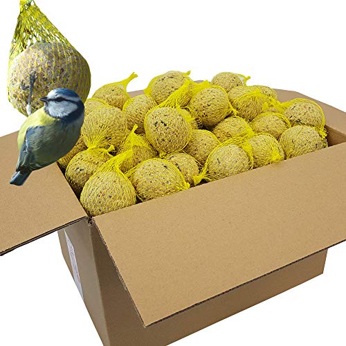 Bolas de grasa para pájaros - 200 bolas = 18 kg - Alimento natural con gran aporte energético para aves silvestres - Bolas de grasa con red individual para colgar