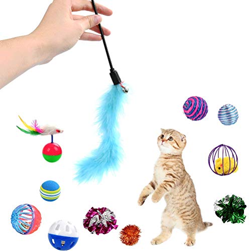 BUYGOO 31PCS Juguetes Interactivos para Gatos, Varita de Plumas, Pez Ratón y Bolas de Gato