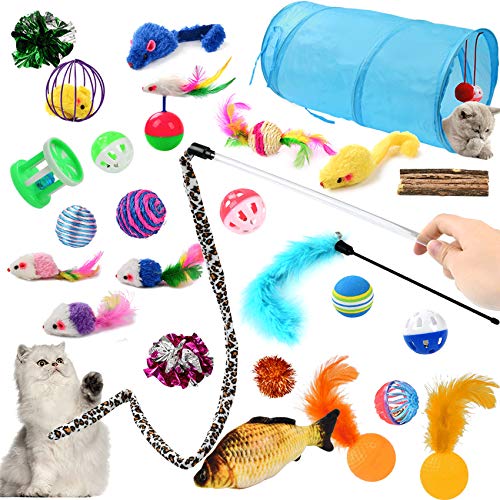 BUYGOO 31PCS Juguetes Interactivos para Gatos, Varita de Plumas, Pez Ratón y Bolas de Gato