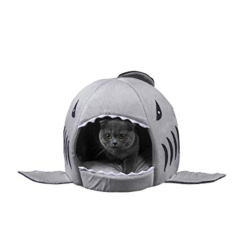 Cama para gatos con forma de tiburón para gatos, gatitos, cachorros y perros pequeños lavable a máquina lugar de dormir cálido cómodo y cerrado para tus mascotas cariñosas Cesta para gatos hogareña