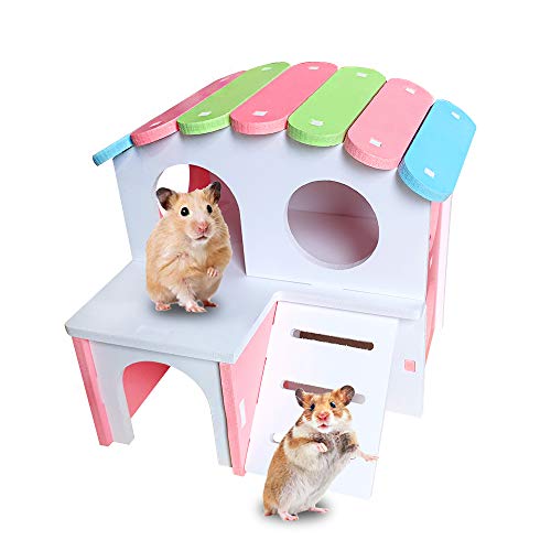 Casa de hámster Andiker para hámster o hámster con divertida escalera de escalada, juguete de ejercicio de dos capas para hámster enano, chinchilla, rata, ratón de carreras, ratón (rosa)