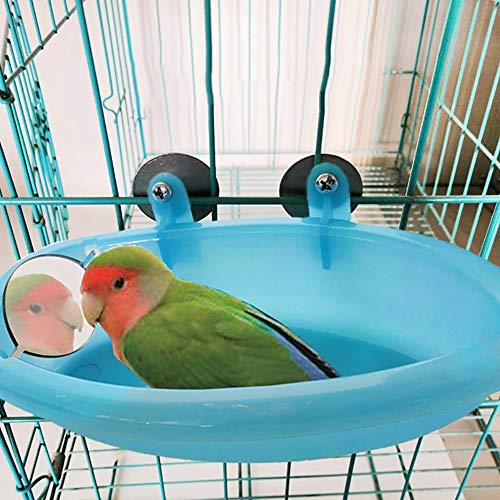Catkoo Bird Accessories, Cute Cage Mounted Small Bird Parrot Bath Basin Ducha Pet Bañera de baño con Espejo - Azul