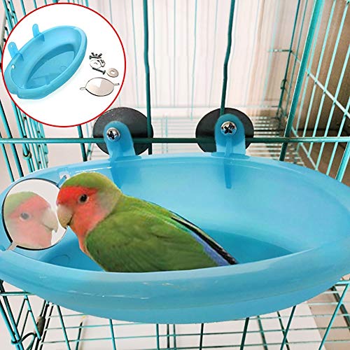 Catkoo Bird Accessories, Cute Cage Mounted Small Bird Parrot Bath Basin Ducha Pet Bañera de baño con Espejo - Azul