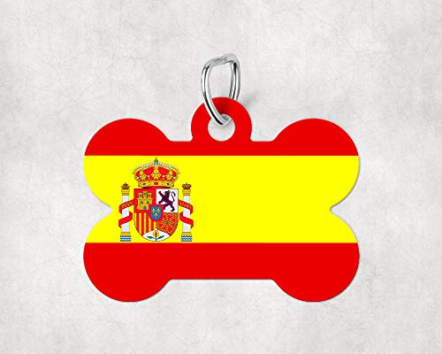 Chapa para Perro Bandera Escudo España Original y Divertida - Forma De Hueso Aluminio - Placas Graciosas para Gatos Mascotas Animales