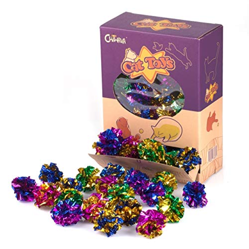 Chiwava 24 Piezas 4 cm Juguetes para Gatos Brillante Arruga Mylar Bolas Crackle Ligero Pelotas Gato Gatito Interactivo, Colores Variados