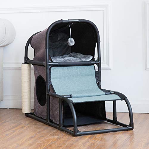 CO-Z Árbol Gatos Casa para Gatos Casetas y Condominios Multifuncional Estable de Tela Oxford con Cama /Escalera /Orificios de Ojeada /Poste de Raspado y Bola Colgante
