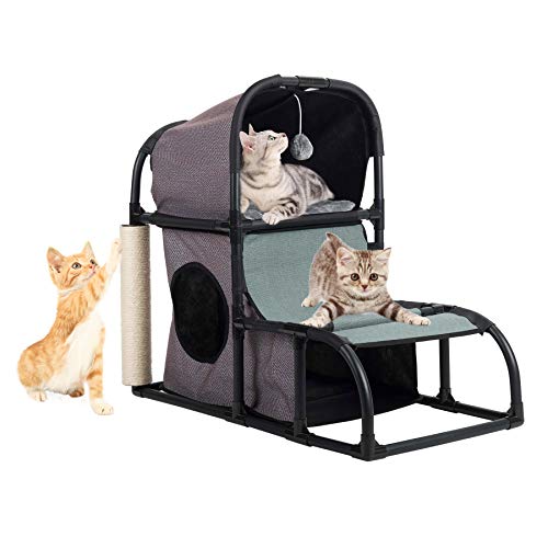CO-Z Árbol Gatos Casa para Gatos Casetas y Condominios Multifuncional Estable de Tela Oxford con Cama /Escalera /Orificios de Ojeada /Poste de Raspado y Bola Colgante