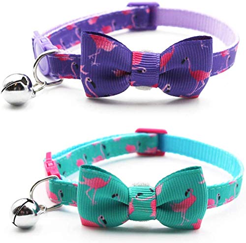 Collar YCZ-Flamingo en Esmeralda Claro y Púrpura para Gato, Cuello 7.8-26.6 cm, Collares Ajustable para Gatos, Paquete de 2