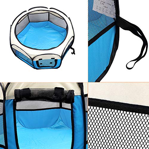 Coolty portátil plegable para mascotas, 8 paneles, tienda de campaña para perros, gatos, conejos y animales pequeños, 91 x 91 x 58 cm (beige + azul)