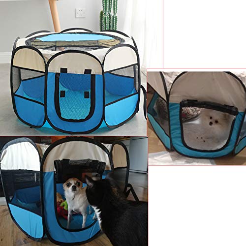 Coolty portátil plegable para mascotas, 8 paneles, tienda de campaña para perros, gatos, conejos y animales pequeños, 91 x 91 x 58 cm (beige + azul)