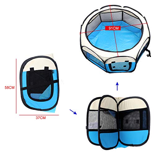 Coolty portátil plegable para mascotas, 8 paneles, tienda de campaña para perros, gatos, conejos y animales pequeños, 91 x 91 x 58 cm (beige + azul)