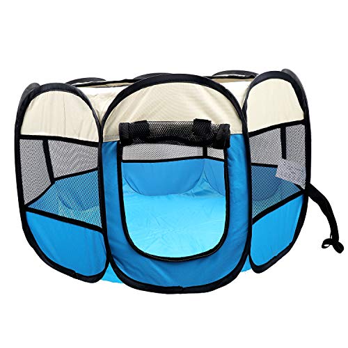 Coolty portátil plegable para mascotas, 8 paneles, tienda de campaña para perros, gatos, conejos y animales pequeños, 91 x 91 x 58 cm (beige + azul)