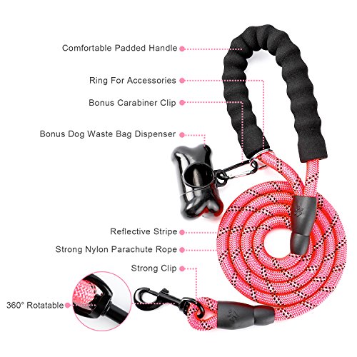 Correa Perro, 1,5m Correa de Perro Fuerte con Mango Acolchado, Hilos Altamente Reflectantes, Bolsas para excrementos de Perro con dispensador para Perros Pequeños, Medianos y Grandes, Rosa