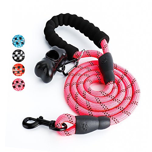 Correa Perro, 1,5m Correa de Perro Fuerte con Mango Acolchado, Hilos Altamente Reflectantes, Bolsas para excrementos de Perro con dispensador para Perros Pequeños, Medianos y Grandes, Rosa