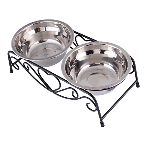 Cuencos para Perros Cuenco Doble con Soporte Retro De Acero Inoxidable para Mascota, Perro, Gato, alimentaci oacute con Tacos de Goma Antideslizantes, 13,5 cm, Plateado
