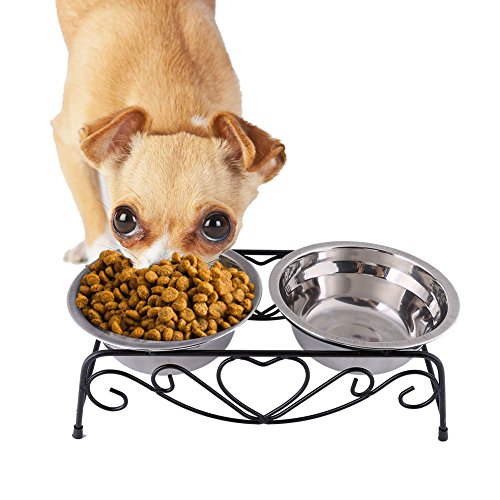 Cuencos para Perros Cuenco Doble con Soporte Retro De Acero Inoxidable para Mascota, Perro, Gato, alimentaci oacute con Tacos de Goma Antideslizantes, 13,5 cm, Plateado