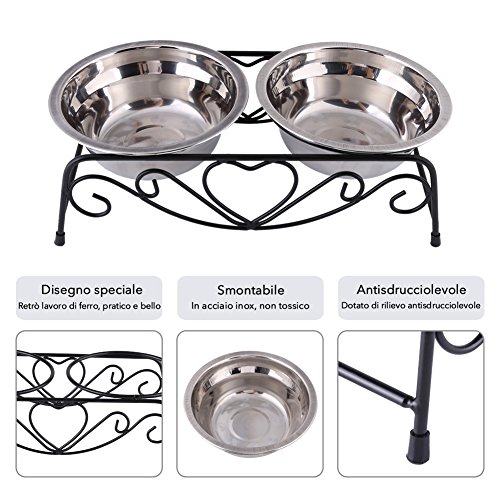 Cuencos para Perros Cuenco Doble con Soporte Retro De Acero Inoxidable para Mascota, Perro, Gato, alimentaci oacute con Tacos de Goma Antideslizantes, 13,5 cm, Plateado