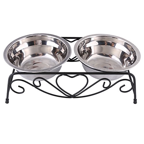 Cuencos para Perros Cuenco Doble con Soporte Retro De Acero Inoxidable para Mascota, Perro, Gato, alimentaci oacute con Tacos de Goma Antideslizantes, 13,5 cm, Plateado