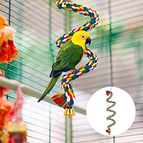 Cuerda de algodón en Espiral Percha de pájaro, Cuerda de Periquito de Loro Percha en Espiral, Cuerda de Periquito de Loro, Percha en Espiral Columpio de algodón Colorido con Campana (100 cm)