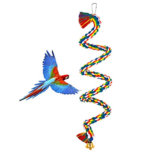 Cuerda de algodón en Espiral Percha de pájaro, Cuerda de Periquito de Loro Percha en Espiral, Cuerda de Periquito de Loro, Percha en Espiral Columpio de algodón Colorido con Campana (100 cm)