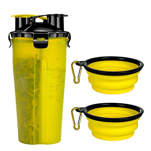 Czemo Botella de Agua para Perro Portatil Envase de Comida para Perros con 2 Plegable Tazones para Perros Gatos Mascotas Adecuado para al Aire Libre Caminar Viajar (Amarillo)