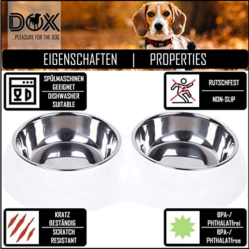DDOXX Comedero Doble Perro, Antideslizante | Muchos Colores y Tamaños | para Perros Pequeño, Mediano y Grande | Bol Accesorios Acero INOX-Idable Melamina Gato Cachorro | Blanco, 2 x 700 ml
