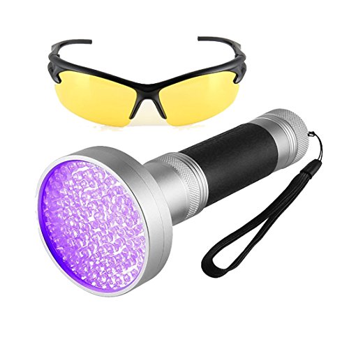 Detector de orina UV para mascotas, 100 ledes, luz negra, con gafas de sol UV para orina de perro, gato, escorpiones, ropa de bebé, cocinas, baño, moneda auténtica, pérdidas peligrosas