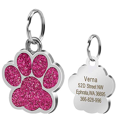 Didog Etiquetas de identificación de mascotas grandes con purpurina para perros y gatos medianos y grandes, grabado personalizado, color rosa