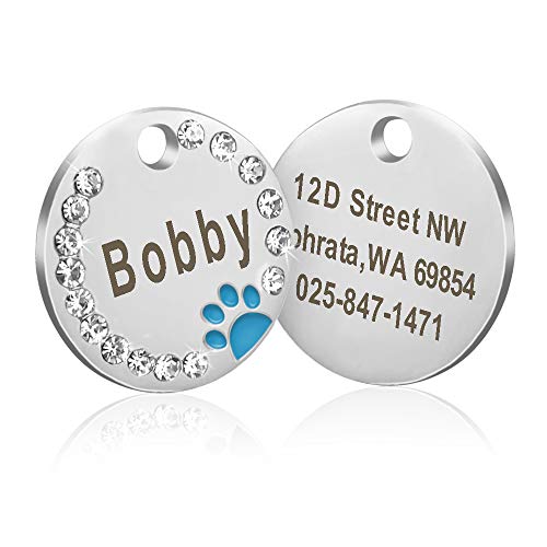 Didog-Etiquetas de identificación para Mascotas,de Acero Inoxidable,Personalizadas,con Cristales Redondos,con diseño de Huellas de Pata,con Grabado láser de Doble Cara,para Perros y Gatitos