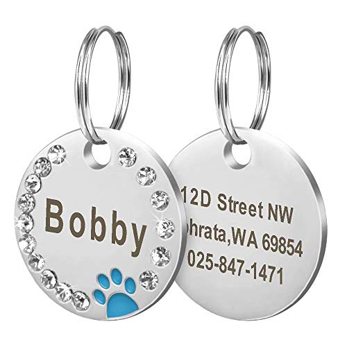 Didog-Etiquetas de identificación para Mascotas,de Acero Inoxidable,Personalizadas,con Cristales Redondos,con diseño de Huellas de Pata,con Grabado láser de Doble Cara,para Perros y Gatitos
