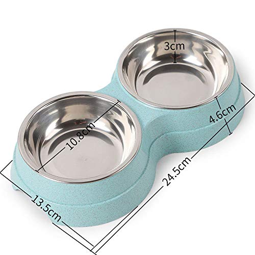 DjfLight Los tazones Dobles para Mascotas de Acero Inoxidable, Fibra Vegetal Antideslizante, plástico, alimentador Agua y Alimentos Mascotas, Pueden Separar el los por Separado o Usar Dos Juntas,Blue