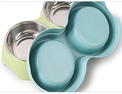 DjfLight Los tazones Dobles para Mascotas de Acero Inoxidable, Fibra Vegetal Antideslizante, plástico, alimentador Agua y Alimentos Mascotas, Pueden Separar el los por Separado o Usar Dos Juntas,Blue