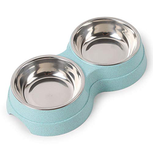 DjfLight Los tazones Dobles para Mascotas de Acero Inoxidable, Fibra Vegetal Antideslizante, plástico, alimentador Agua y Alimentos Mascotas, Pueden Separar el los por Separado o Usar Dos Juntas,Blue