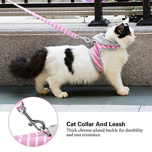 Duokon Ajustable Gato Arnés con Capucha Escape A Prueba de Rayas Patrón Cuello Hebilla Sombrero Chaleco Collar con Correa para Mascota Entrenamiento al Aire Libre Caminar Jugando(Rosado)