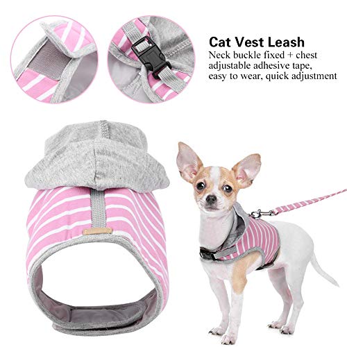 Duokon Ajustable Gato Arnés con Capucha Escape A Prueba de Rayas Patrón Cuello Hebilla Sombrero Chaleco Collar con Correa para Mascota Entrenamiento al Aire Libre Caminar Jugando(Rosado)