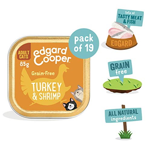 Edgard & Cooper Comida humeda Gatos Adultos sin Cereales, Natural con Pavo Fresco y Gambas. Comida Sana Rica en nutrientes y antioxidantes Naturales Pack tarrinas de 19x85gr