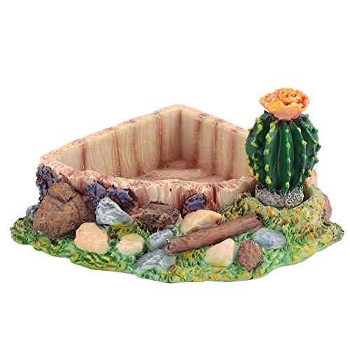 Esquina de reptil Plato de agua Cuenco de tortuga de resina Plato de comida para reptiles Plato de alimentación Alimentador de gusanos Plato de terrario Cactus artificial Adorno de paisaje de piscina