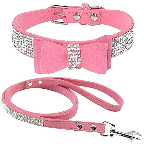 ETOPARS Correas de Collar de Perro con Diamantes de Imitación, Collar y Correa para Perro, Collar para Perro Correa de Piel de Ante Suave y Brillante