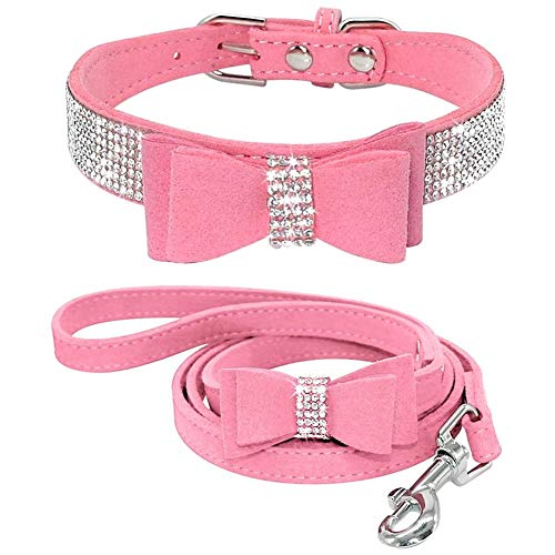 ETOPARS Correas de Collar de Perro con Diamantes de Imitación, Collar y Correa para Perro, Collar para Perro Correa de Piel de Ante Suave y Brillante