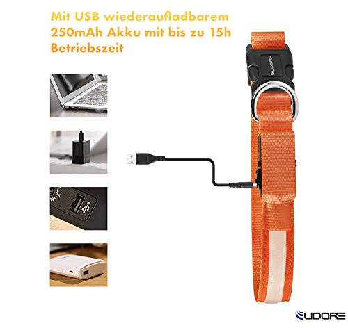 Eudore Collar de perro LED luminoso, recargable por USB, ajustable, 100% resistente al agua, en diferentes tamaños y colores