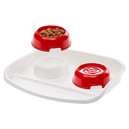 Ferplast Bandeja con Cuencos para Perros y Gatos Lindo Doble comedero para Animales, Base de plástico Resistente, Pies Antideslizantes, Dos Cuencos de 0,6 l incluidos, 44,5 x 34 x h 7 cm Rojo