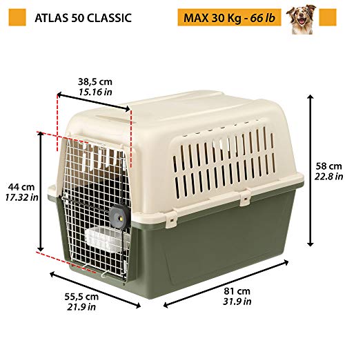 Ferplast Transportín para Perros de Talla Grande Atlas 50 Classic, con comedero, Puerta de Acero plastificado, Sistema de Cierre de Seguridad, Rejillas de ventilación, 55,5 x 81 x h 58 cm Verde